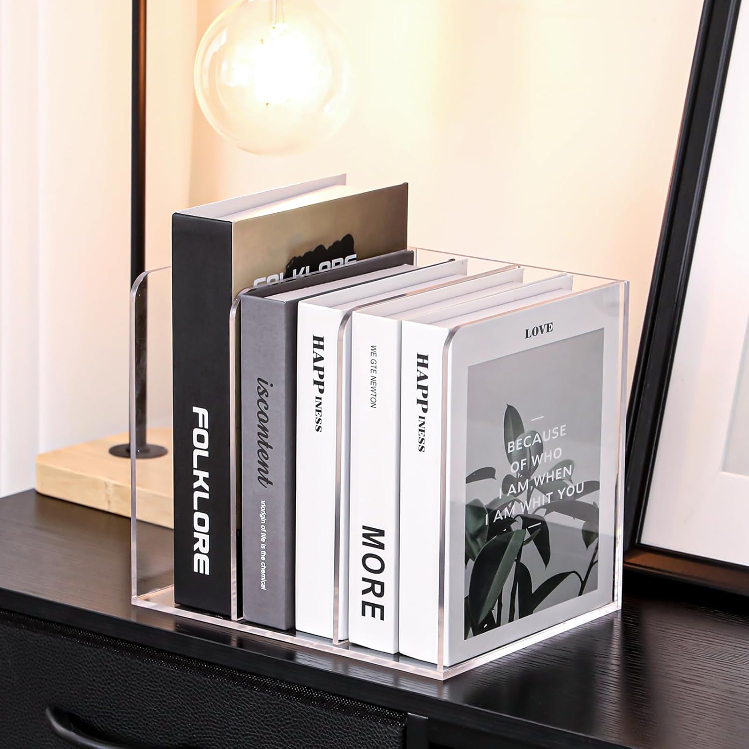 Clear Bookend File Sorter Holder with 3 Vertical Compartments, Acrylic Magazine Holder, Book Organizer, Desk Organizer Workspace Sorters, Office Organization, Document Sorter