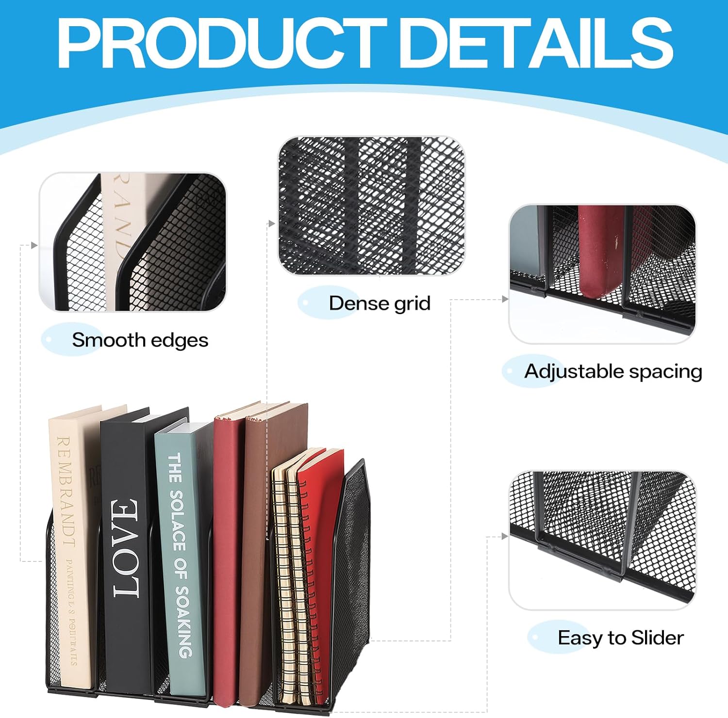 Desk File Organizer Vertical 5 Sections Metal Adjustable Magazine Holder Upright Desktop Bookshelf Organizer Stand File Sorter Office Desk Accessories Black