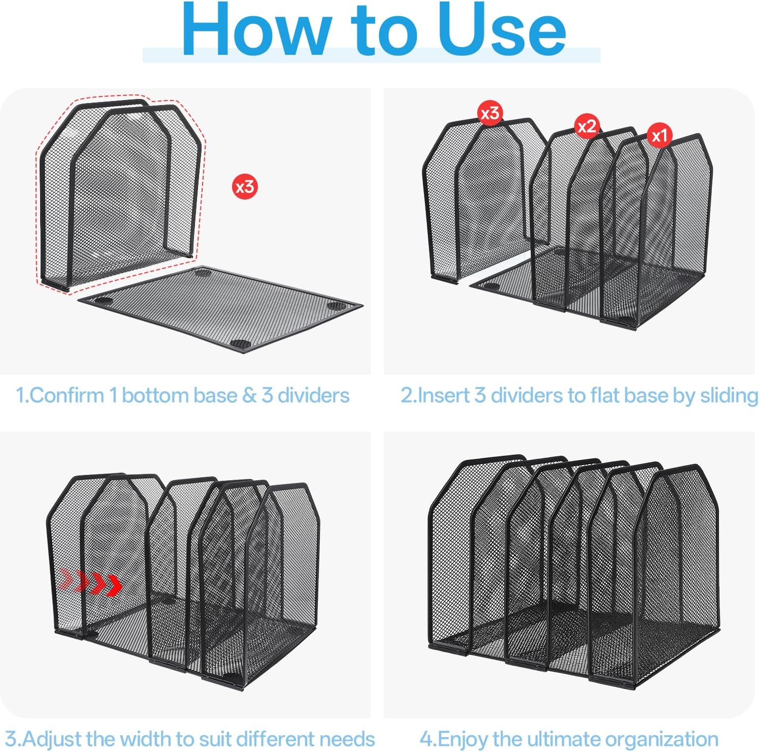 Desk File Organizer Vertical 5 Sections Metal Adjustable Magazine Holder Upright Desktop Bookshelf Organizer Stand File Sorter Office Desk Accessories Black