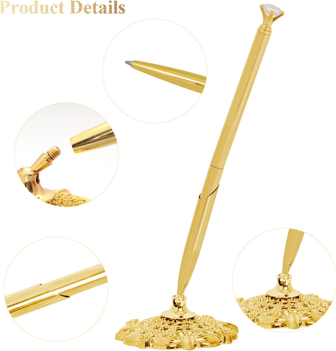 2 Pcs Gold Hollow Round Pen Holder with Diamond Metal Pen Stand Holder Set Signing Pen Set Signing Desk Ballpoint Pens for Guest Book Wedding Birthday Graduation Teacher Office Business