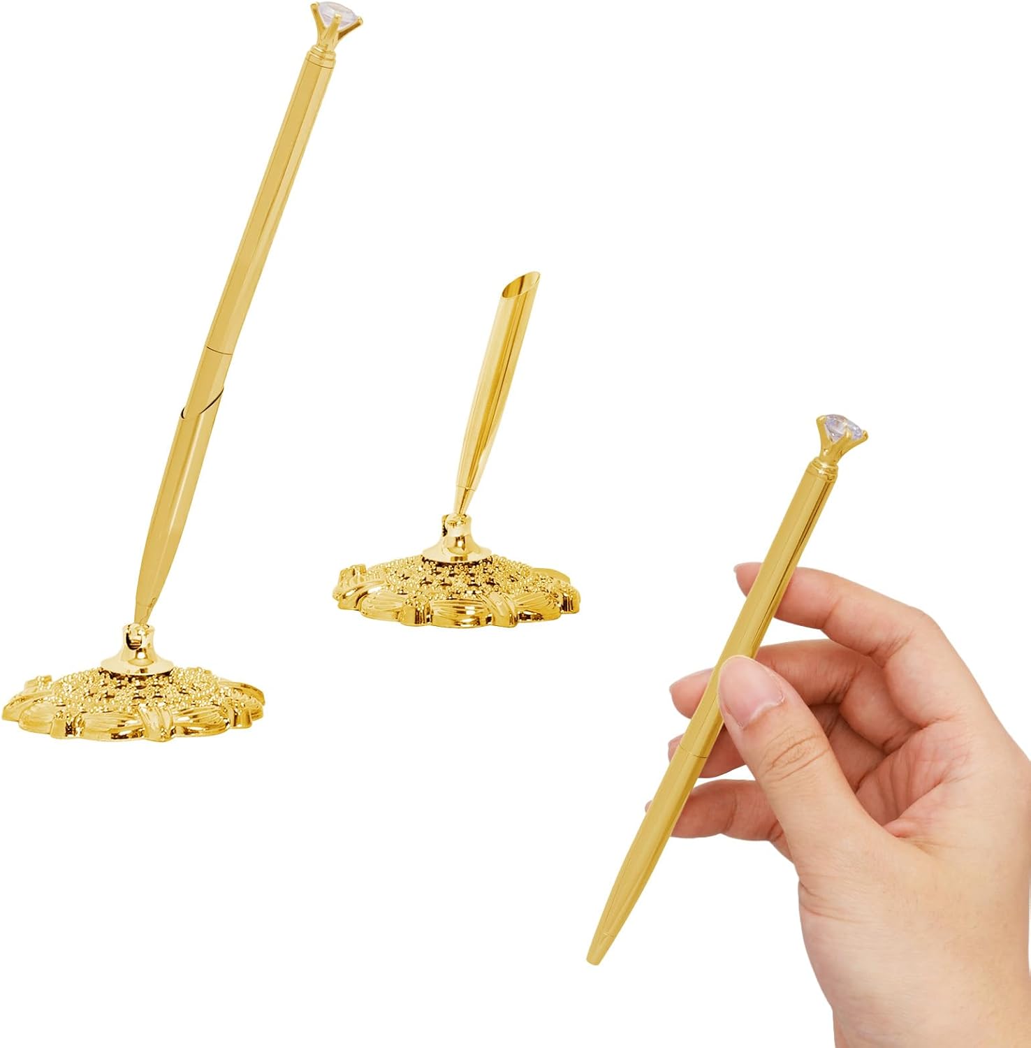 2 Pcs Gold Hollow Round Pen Holder with Diamond Metal Pen Stand Holder Set Signing Pen Set Signing Desk Ballpoint Pens for Guest Book Wedding Birthday Graduation Teacher Office Business