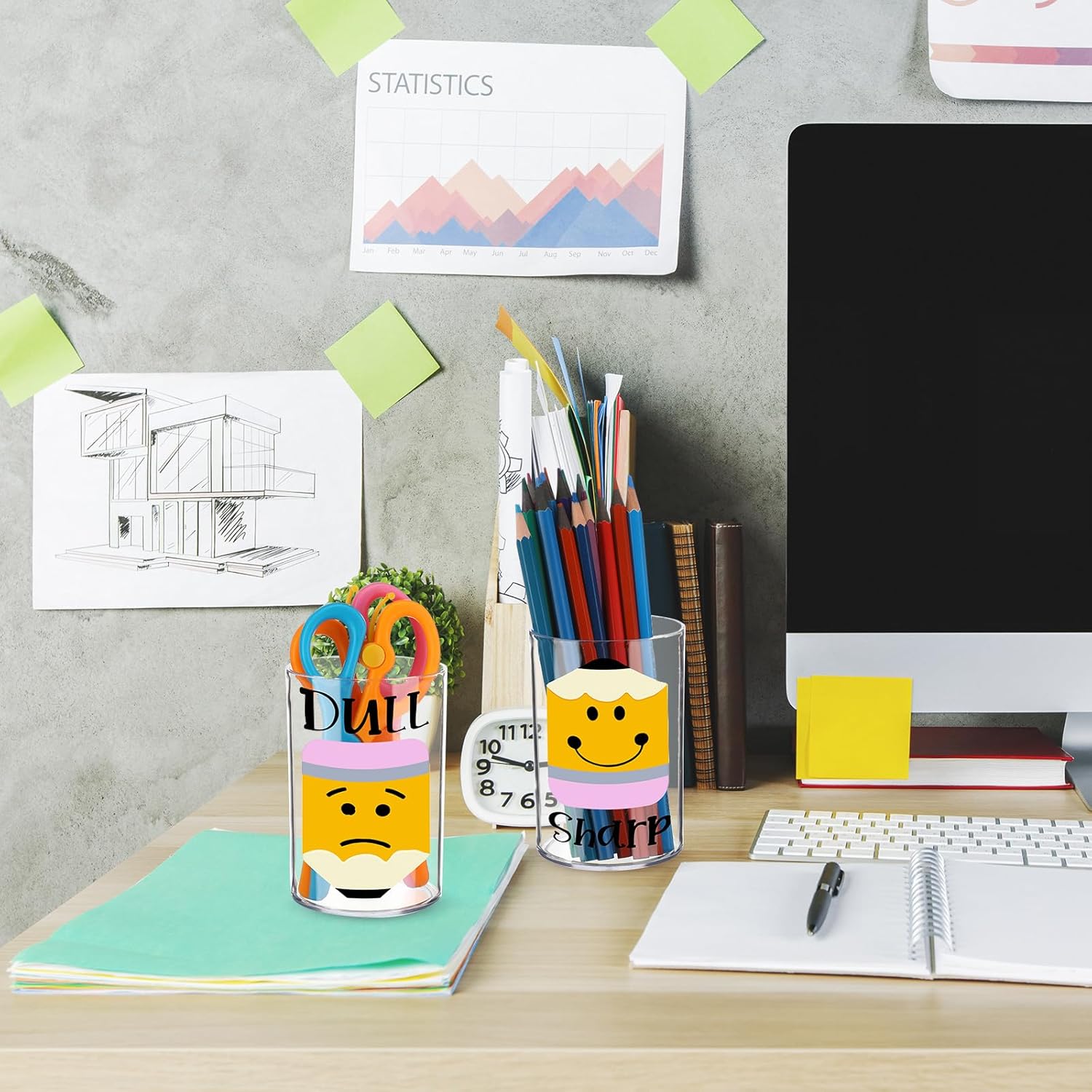 2 Pack Clear Acrylic Pencil Pen Holder Cup Sharp and Dull Pencil Holder with 2 Stickers Acrylic Makeup Brush Organizer Desk Accessories (Round)