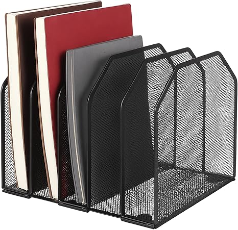 Desk File Organizer Vertical 5 Sections Metal Adjustable Magazine Holder Upright Desktop Bookshelf Organizer Stand File Sorter Office Desk Accessories Black