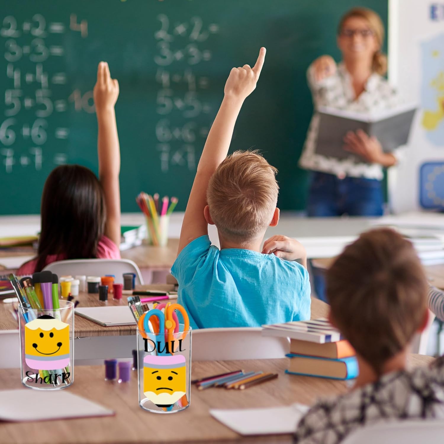 2 Pack Clear Acrylic Pencil Pen Holder Cup Sharp and Dull Pencil Holder with 2 Stickers Acrylic Makeup Brush Organizer Desk Accessories (Round)